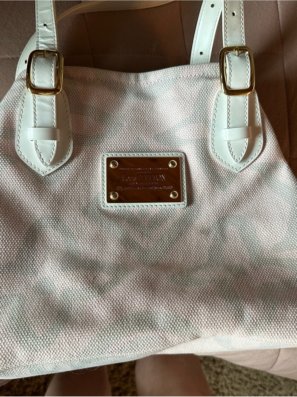 Louis Vuitton Tahitienne Cabas PM. Pink and White Canvas Tote with Gold Hardware